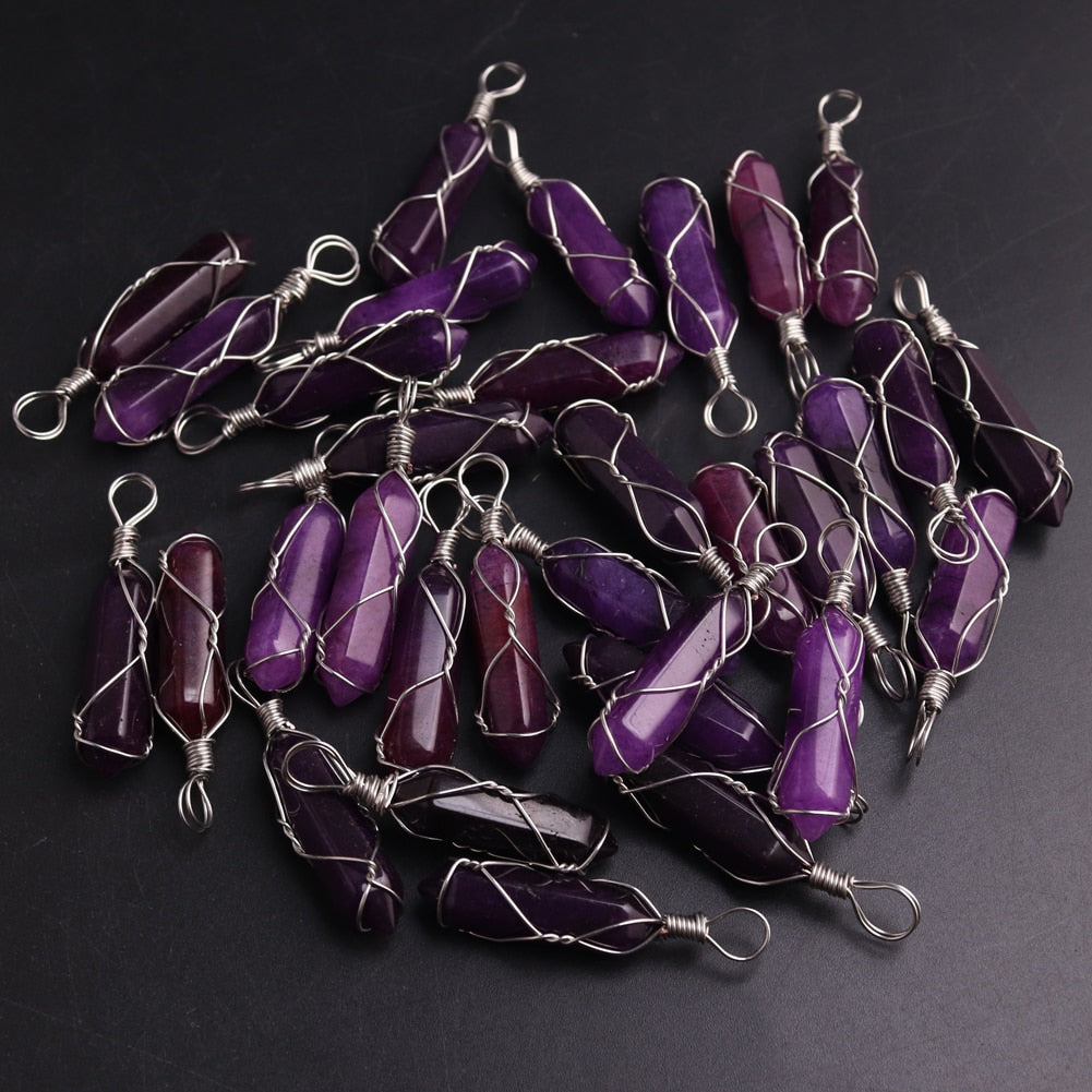 50PCS Factory Outlet Jewelry Wrapped Pendants Natural Gem Stone Wire Winding Bead For Making Necklace Crystal Hexagonal Pendulum