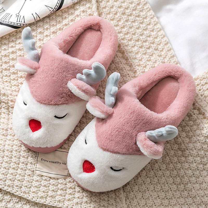 Women Winter Home Slippers Cartoon Deer Elk Non-slip Soft Warm House Shoes Men Ladies GIrs Indoor Bedroom Couples Floor Footwear