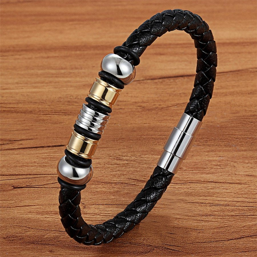 TYO Fashion Stainless Steel Charm Magnetic Black Men Bracelet Leather Genuine Braided Punk Rock Bangles Jewelry Accessories