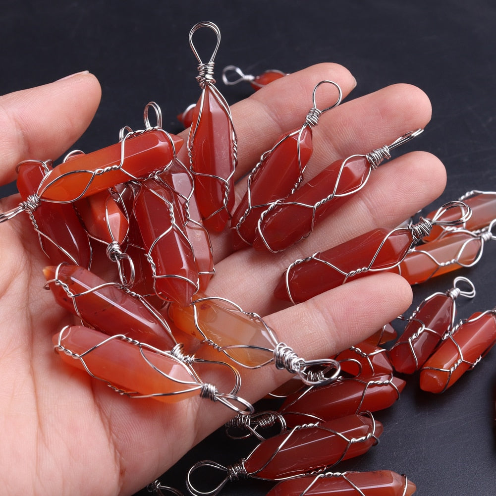 50PCS Factory Outlet Jewelry Wrapped Pendants Natural Gem Stone Wire Winding Bead For Making Necklace Crystal Hexagonal Pendulum