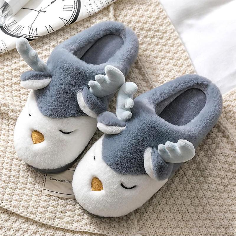 Women Winter Home Slippers Cartoon Deer Elk Non-slip Soft Warm House Shoes Men Ladies GIrs Indoor Bedroom Couples Floor Footwear