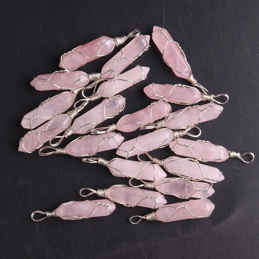 50PCS Factory Outlet Jewelry Wrapped Pendants Natural Gem Stone Wire Winding Bead For Making Necklace Crystal Hexagonal Pendulum