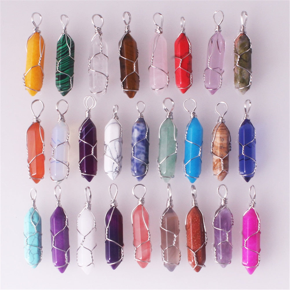 50PCS Factory Outlet Jewelry Wrapped Pendants Natural Gem Stone Wire Winding Bead For Making Necklace Crystal Hexagonal Pendulum