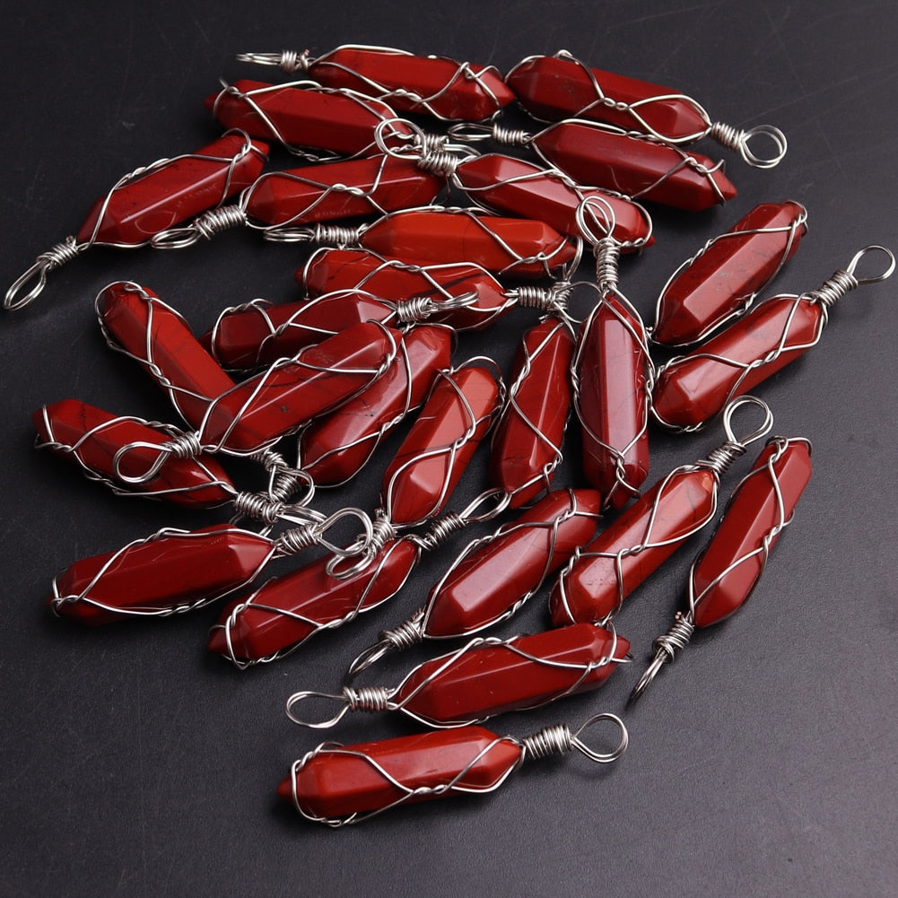 50PCS Factory Outlet Jewelry Wrapped Pendants Natural Gem Stone Wire Winding Bead For Making Necklace Crystal Hexagonal Pendulum