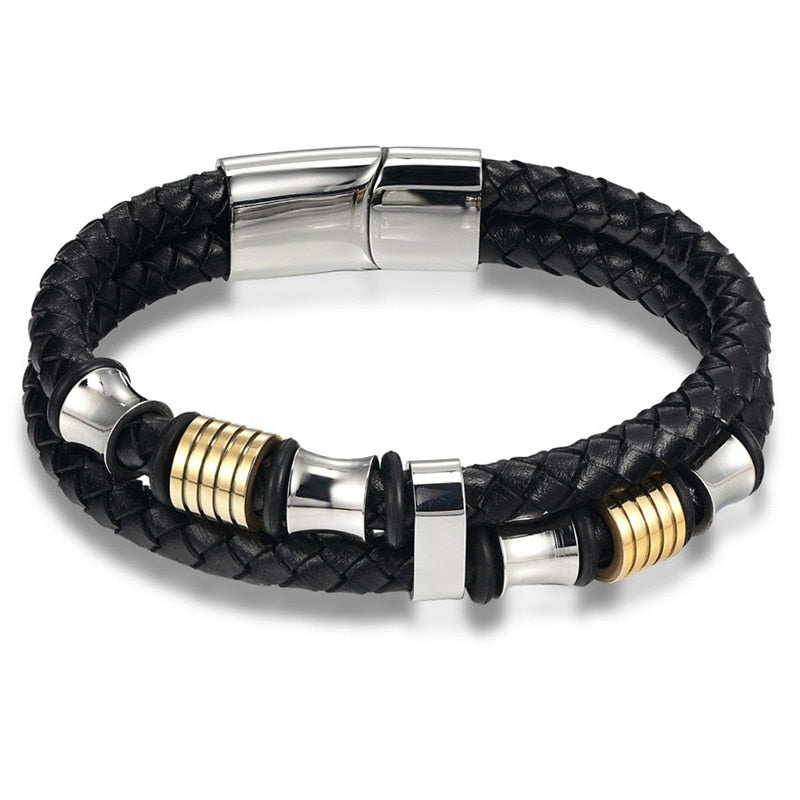 TYO Fashion Stainless Steel Charm Magnetic Black Men Bracelet Leather Genuine Braided Punk Rock Bangles Jewelry Accessories