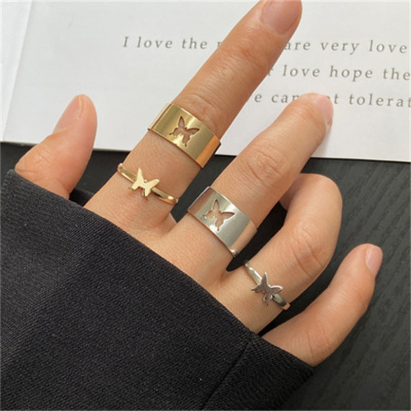 Silver Color Butterfly Rings For Women Men Lover Couple Ring Set Friendship Engagement Wedding Band Open Ring 2021 Trend Jewelry