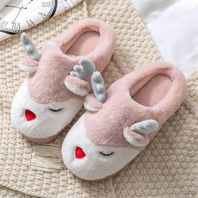 Women Winter Home Slippers Cartoon Deer Elk Non-slip Soft Warm House Shoes Men Ladies GIrs Indoor Bedroom Couples Floor Footwear