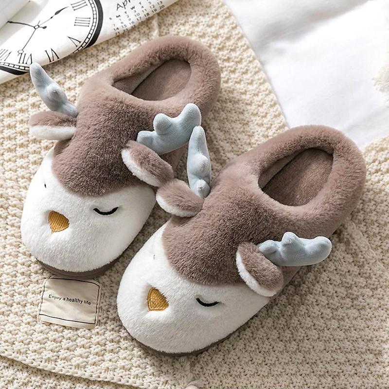 Women Winter Home Slippers Cartoon Deer Elk Non-slip Soft Warm House Shoes Men Ladies GIrs Indoor Bedroom Couples Floor Footwear