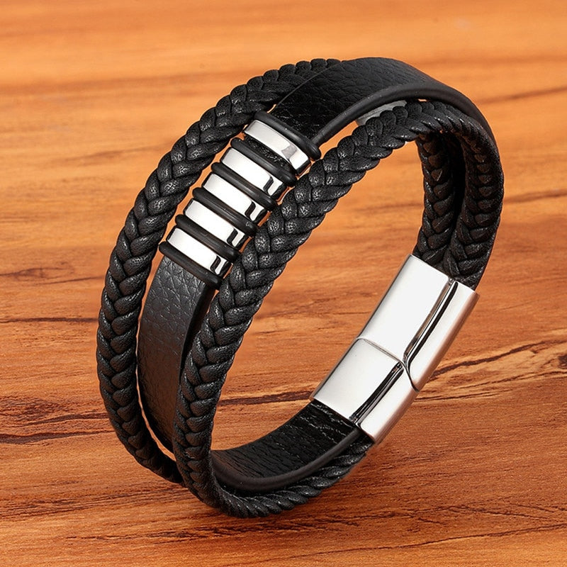 TYO Fashion Stainless Steel Charm Magnetic Black Men Bracelet Leather Genuine Braided Punk Rock Bangles Jewelry Accessories