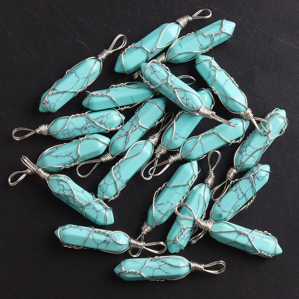 50PCS Factory Outlet Jewelry Wrapped Pendants Natural Gem Stone Wire Winding Bead For Making Necklace Crystal Hexagonal Pendulum