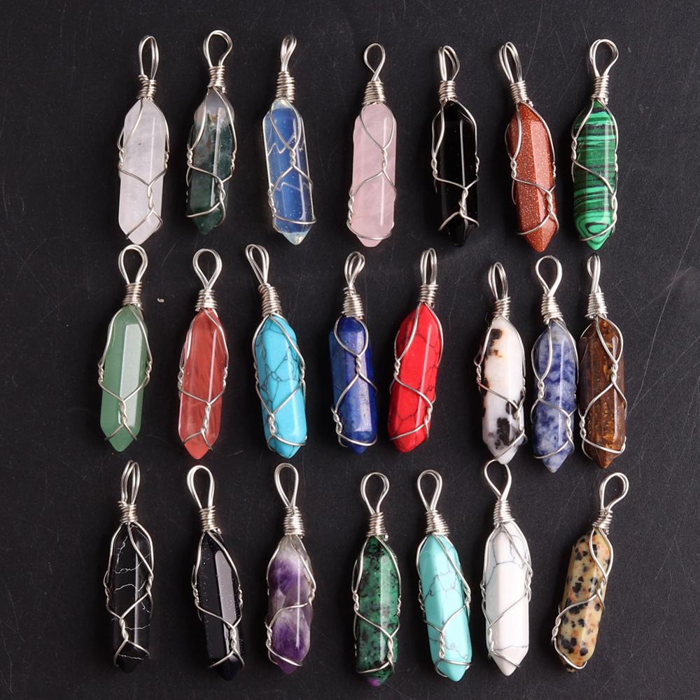 50PCS Factory Outlet Jewelry Wrapped Pendants Natural Gem Stone Wire Winding Bead For Making Necklace Crystal Hexagonal Pendulum