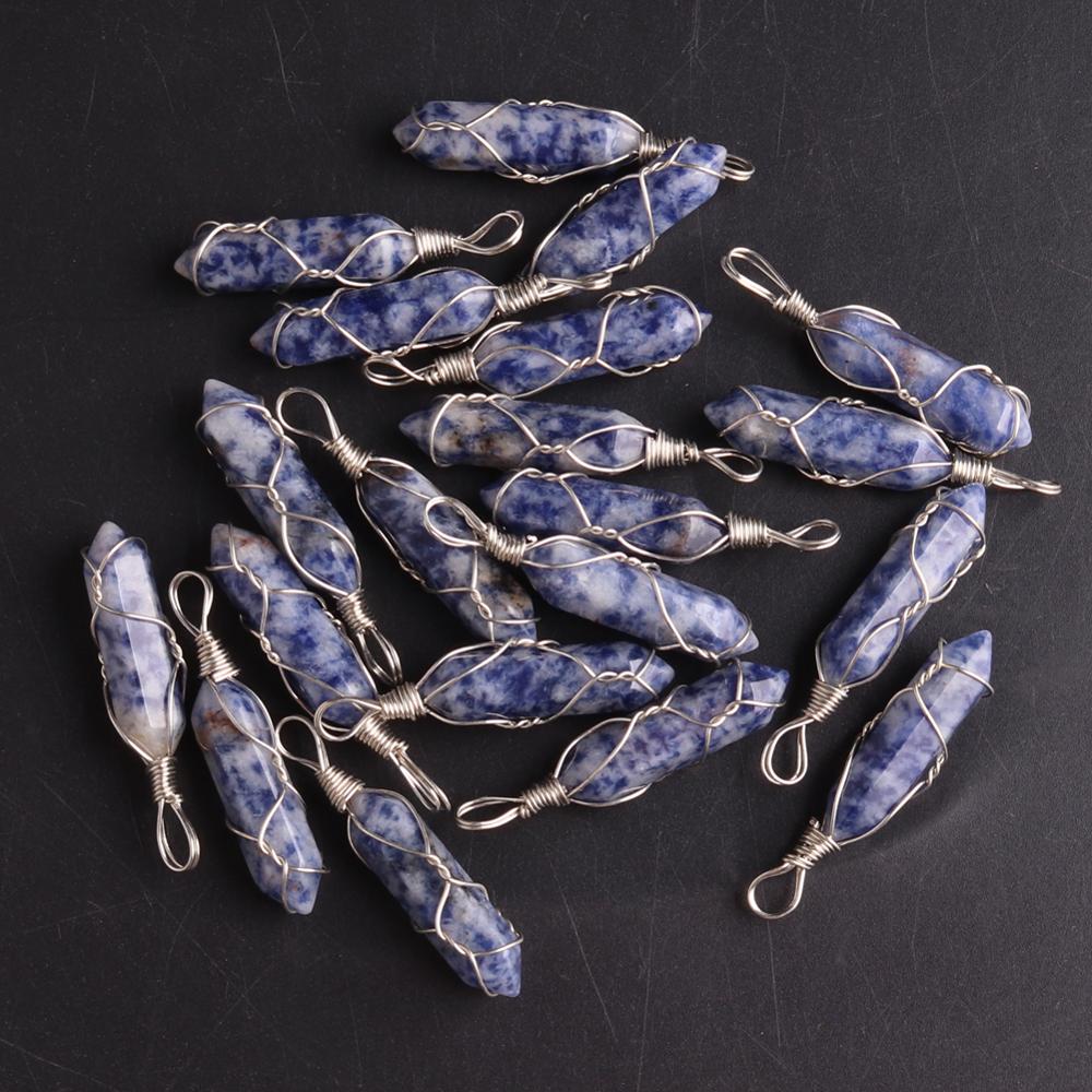 50PCS Factory Outlet Jewelry Wrapped Pendants Natural Gem Stone Wire Winding Bead For Making Necklace Crystal Hexagonal Pendulum