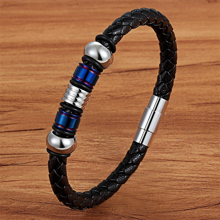 TYO Fashion Stainless Steel Charm Magnetic Black Men Bracelet Leather Genuine Braided Punk Rock Bangles Jewelry Accessories