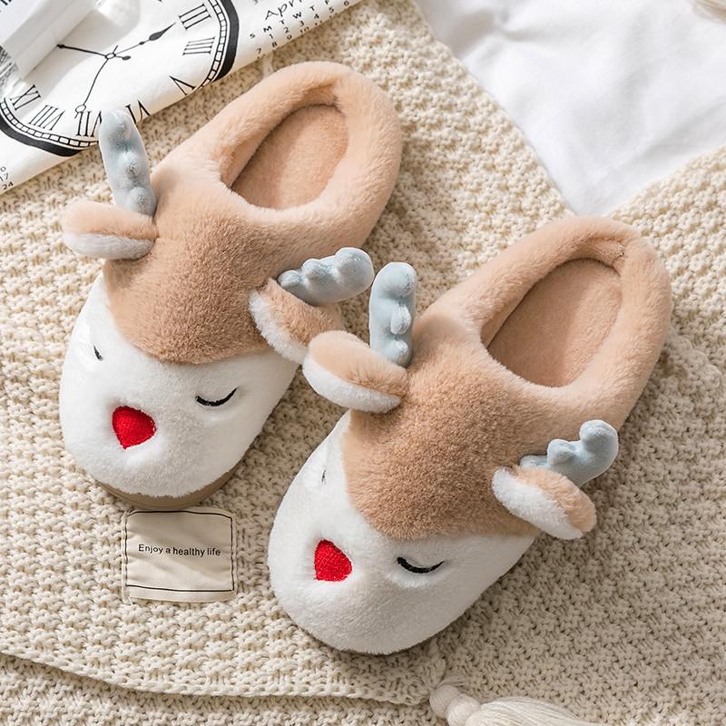 Women Winter Home Slippers Cartoon Deer Elk Non-slip Soft Warm House Shoes Men Ladies GIrs Indoor Bedroom Couples Floor Footwear