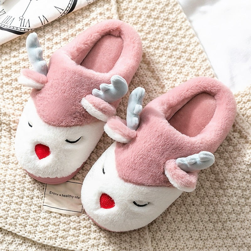 Women Winter Home Slippers Cartoon Deer Elk Non-slip Soft Warm House Shoes Men Ladies GIrs Indoor Bedroom Couples Floor Footwear