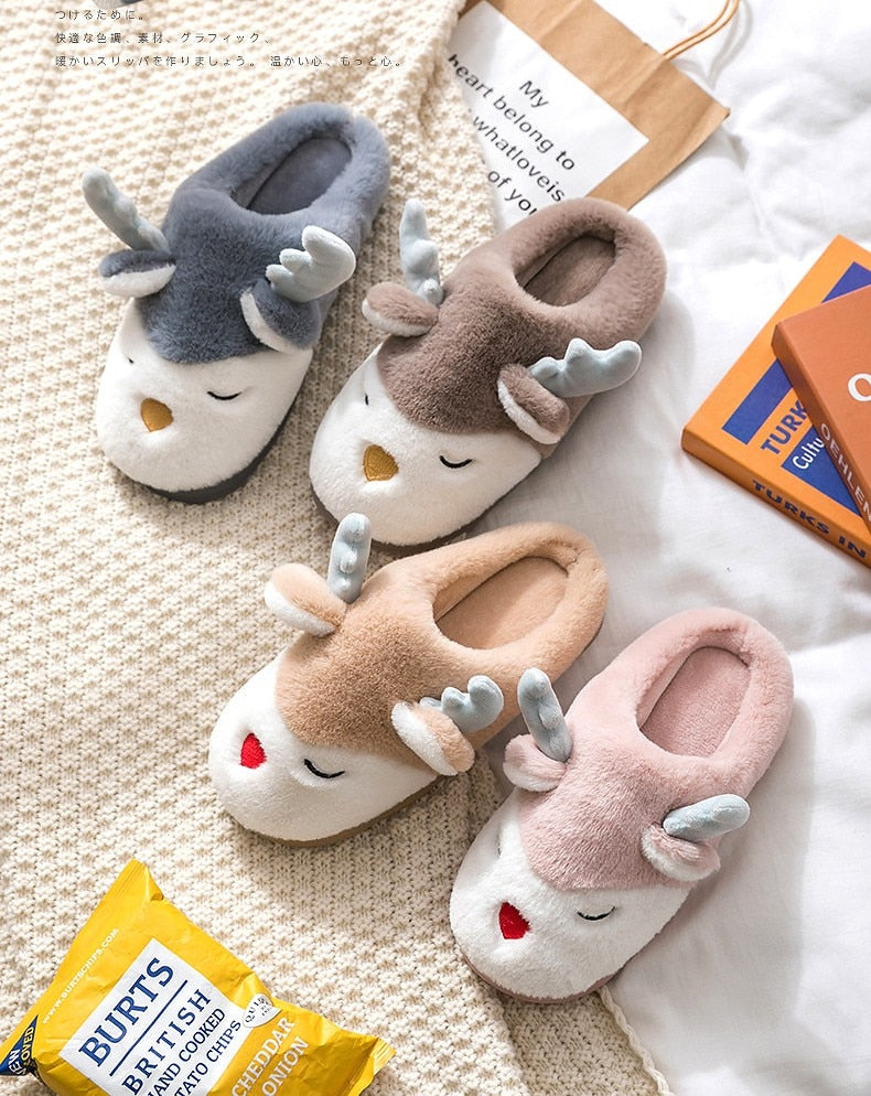 Women Winter Home Slippers Cartoon Deer Elk Non-slip Soft Warm House Shoes Men Ladies GIrs Indoor Bedroom Couples Floor Footwear