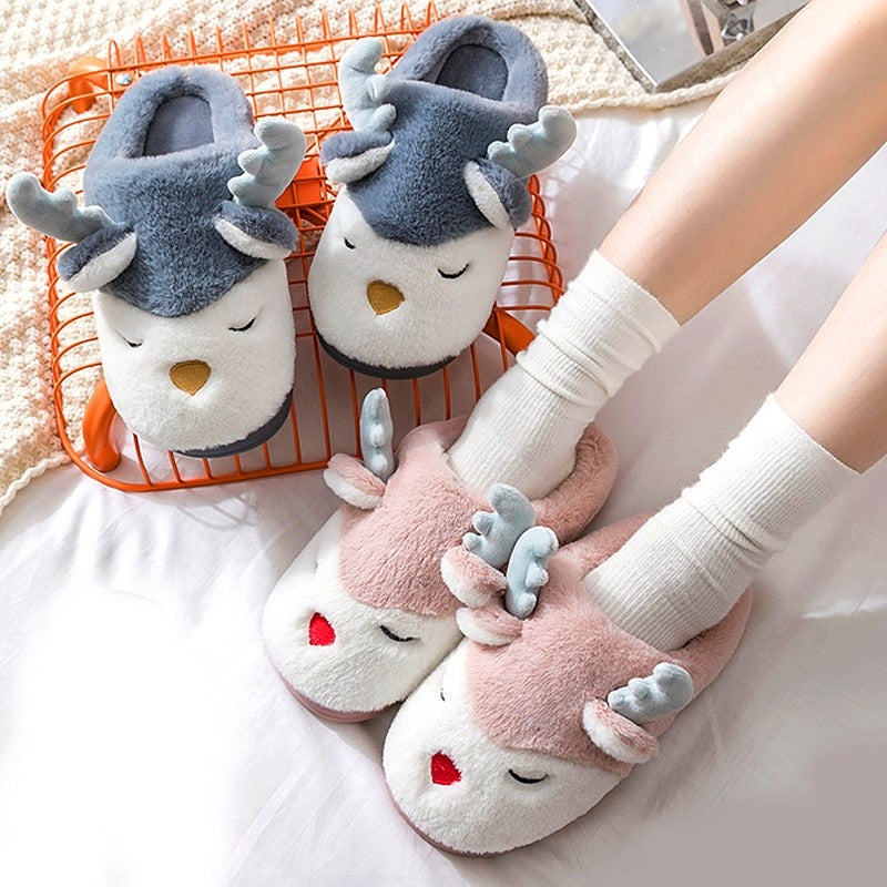 Women Winter Home Slippers Cartoon Deer Elk Non-slip Soft Warm House Shoes Men Ladies GIrs Indoor Bedroom Couples Floor Footwear